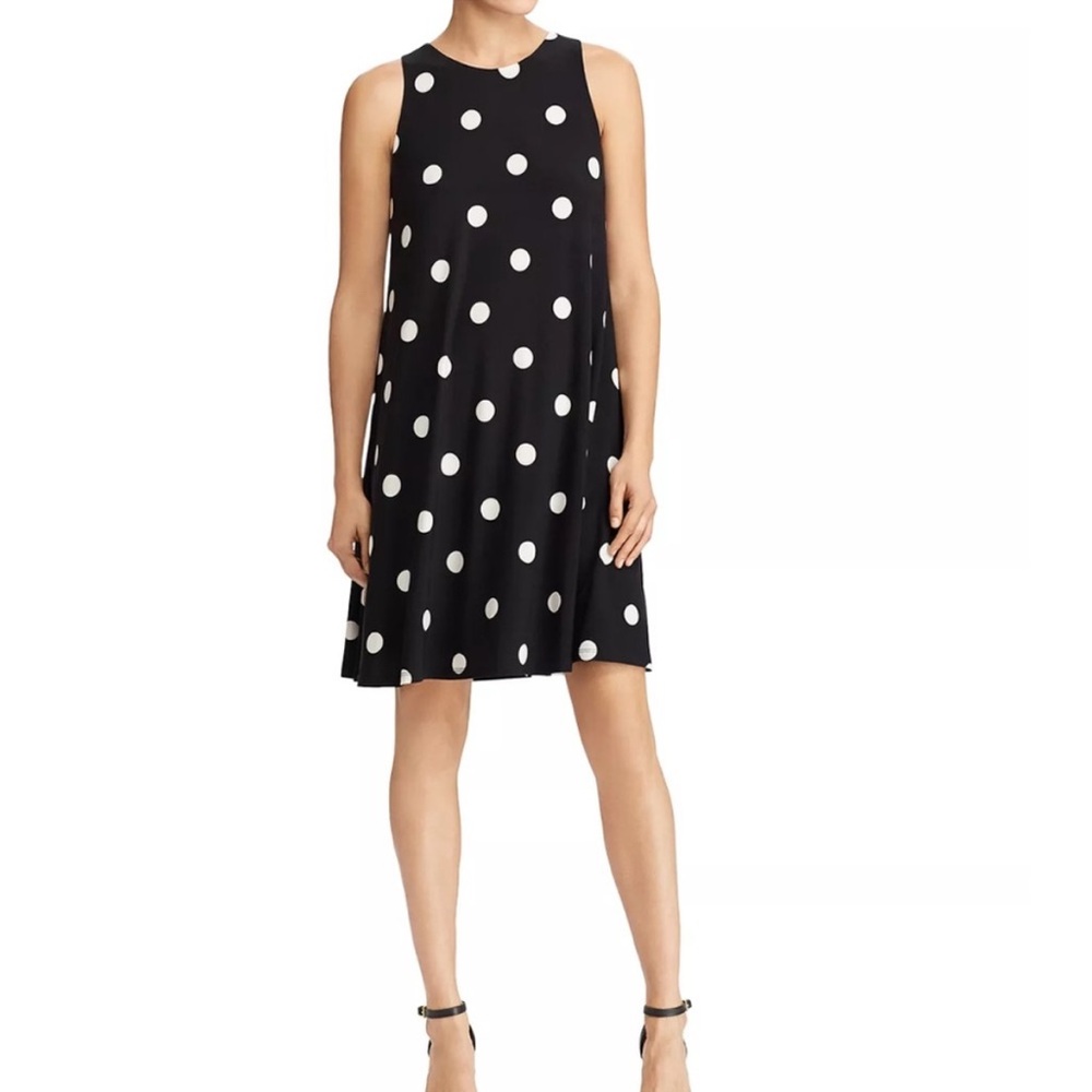 Lauren Ralph Lauren Black and White Polka Dot Print Dress Sleeveless Relaxed Fit